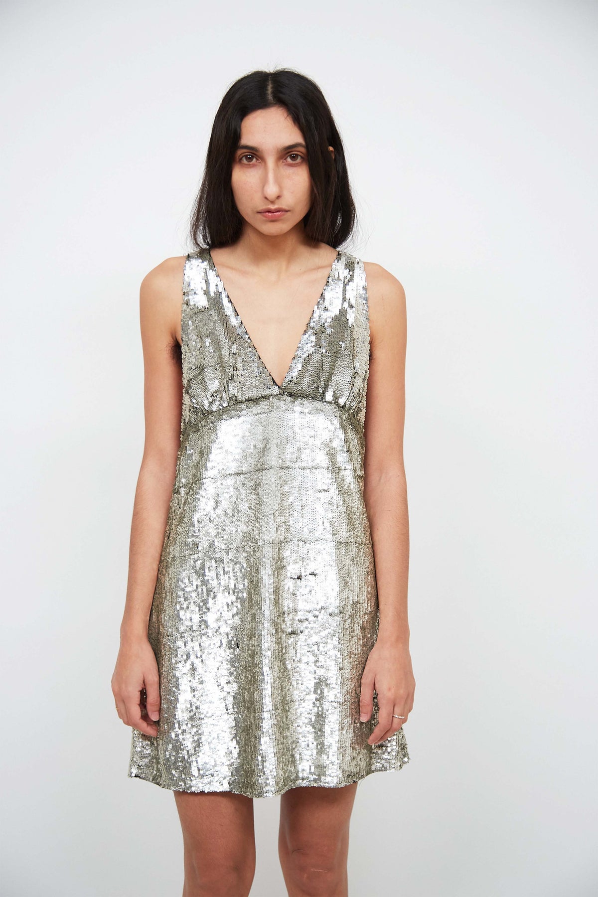 versace sequin dress VERSACE Embellished draped sequined silk-chiffon mini dress